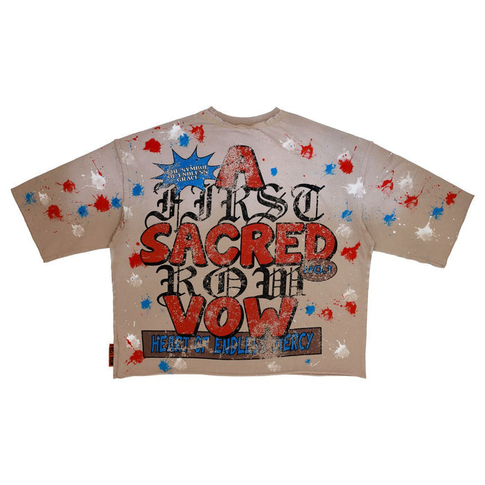 First Row 'A Sacred Vow Endless Mercy' cropped khaki T-shirt, casual fit, with printed text design, made for comfortable everyday wear.