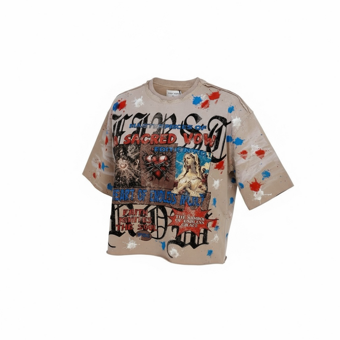 First Row 'A Sacred Vow Endless Mercy' khaki cropped T-shirt with graphic print, casual style, and short sleeves.