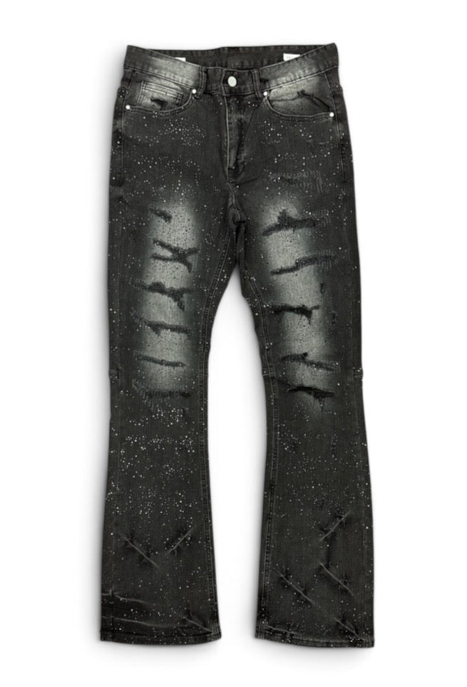 Black flare fit denim jeans by FIRST ROW with allover rhinestone embellishments, showcasing a stylish denim design and rhinestone details.