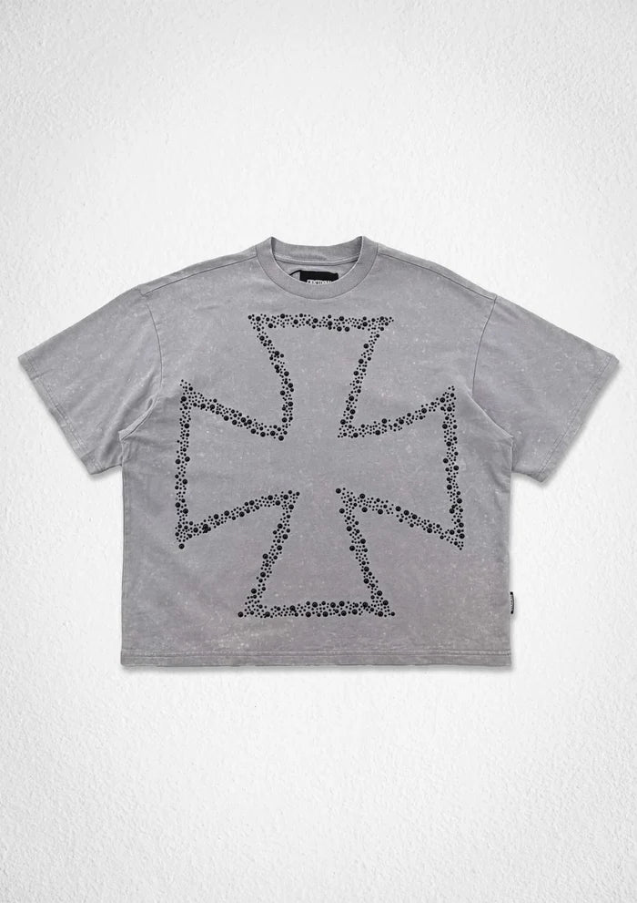 First Row Shadow Worship silver requiem crop T-shirt in light grey, with short sleeves and graphic design on front.