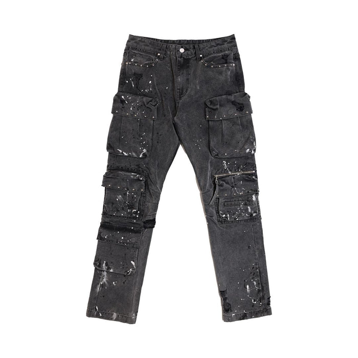 First Row black slim fit cargo denim jeans with stud accents, front view showing classic five-pocket design.