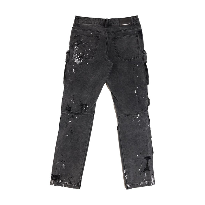 Black First Row 'Stud' Cargo Slim Fit Denim jeans with cargo pockets and stud accents, shown on a model.