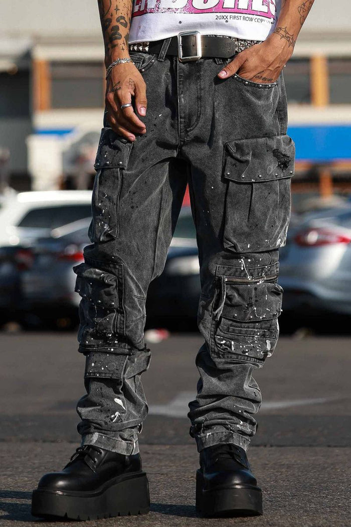Black First Row Stud Cargo Slim Fit Denim jeans with cargo pockets and stud details, casual men's denim pants.