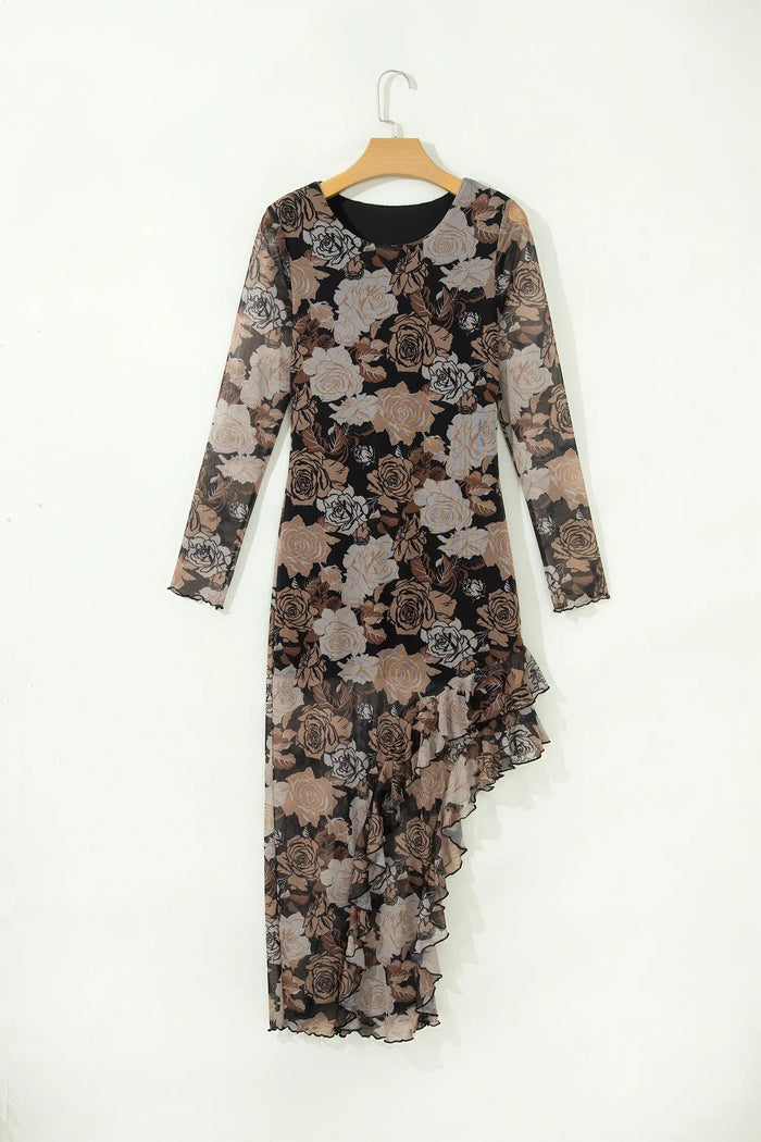 Floral Long Sleeve Asymmetric Ruffle Split Hem Mesh Dress – Black
