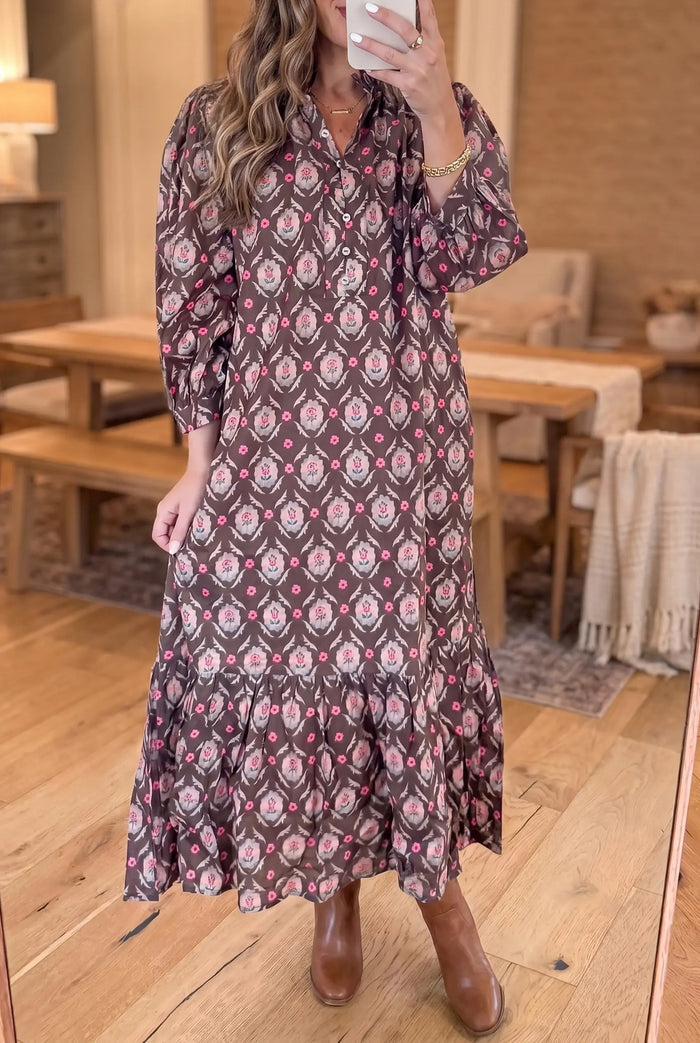 Floral Print Button Front Ruffle Hem Midi Dress – Brown