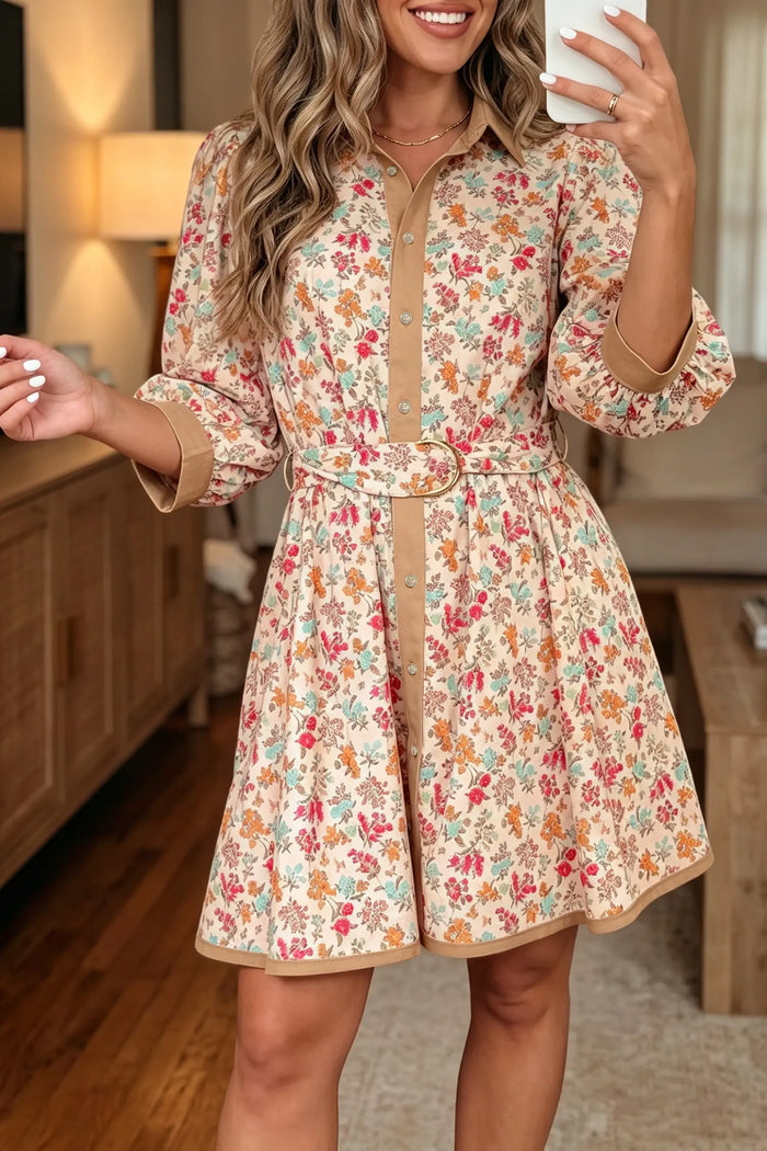 Floral Print Color Block Trim Button Down 3/4 Sleeve Belted Mini Dress – Orange