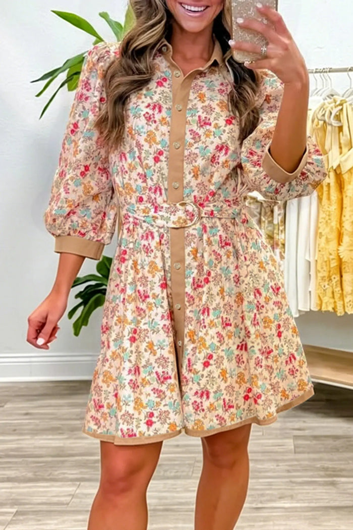 Floral Print Color Block Trim Button Down 3/4 Sleeve Belted Mini Dress – Orange