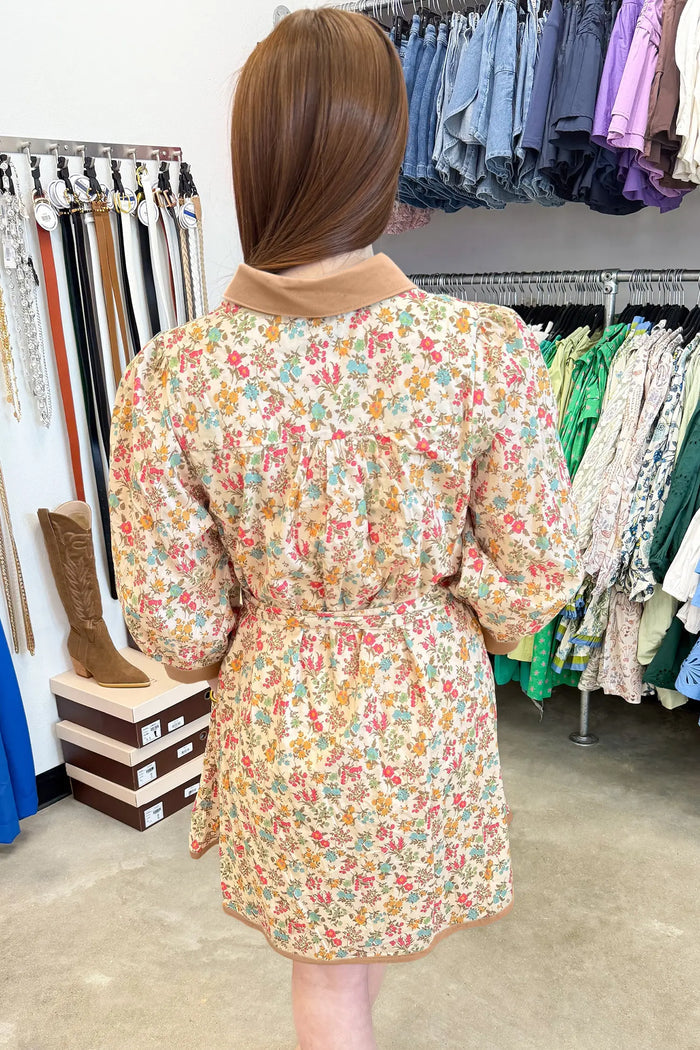 Floral Print Color Block Trim Button Down 3/4 Sleeve Belted Mini Dress – Orange