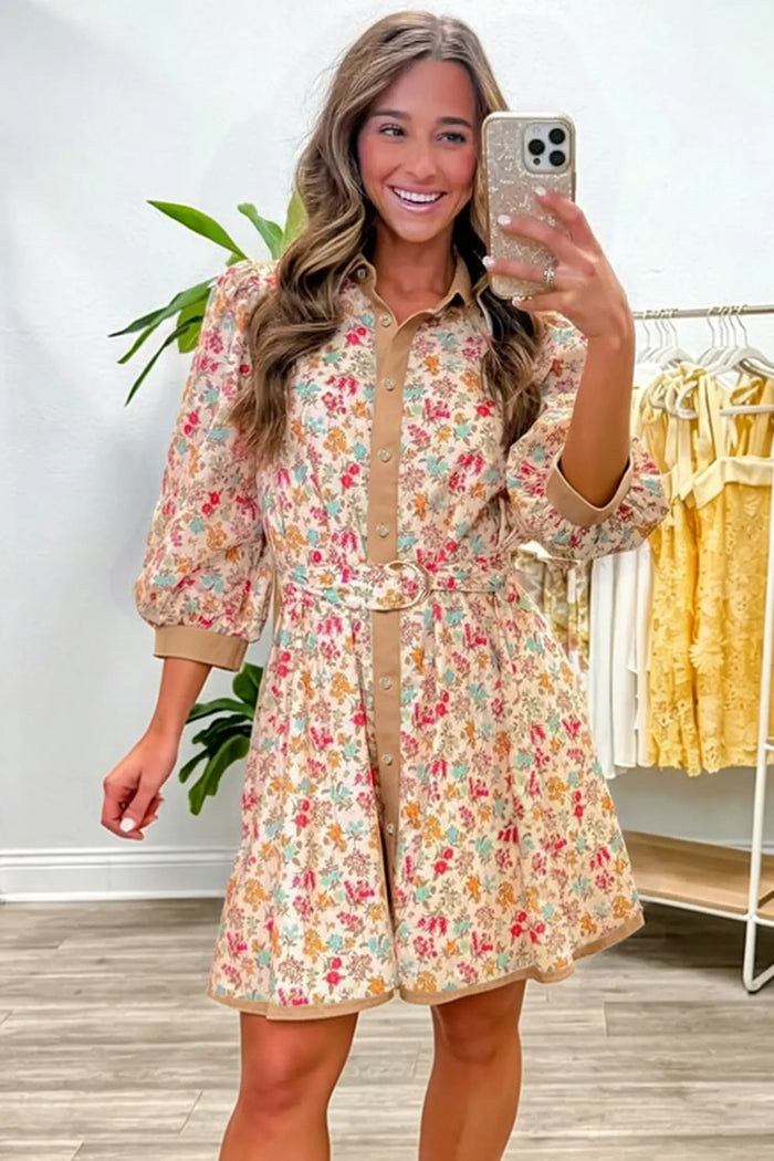Floral Print Color Block Trim Button Down 3/4 Sleeve Belted Mini Dress – Orange