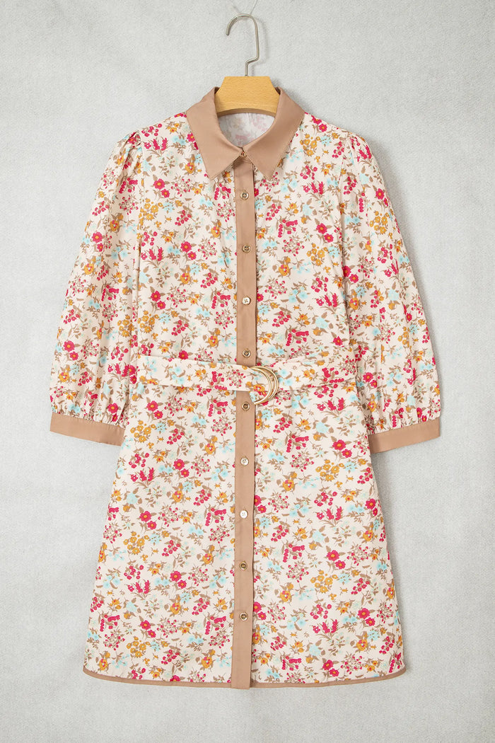 Floral Print Color Block Trim Button Down 3/4 Sleeve Belted Mini Dress – Orange