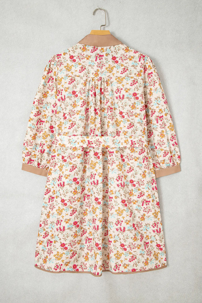 Floral Print Color Block Trim Button Down 3/4 Sleeve Belted Mini Dress – Orange