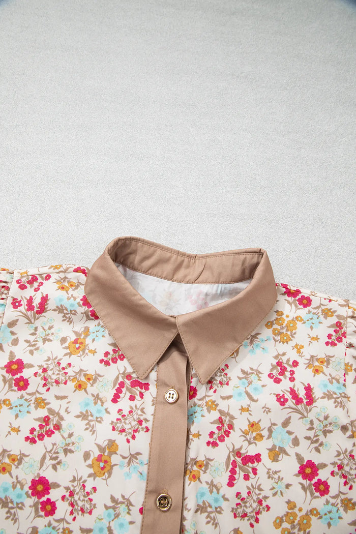 Floral Print Color Block Trim Button Down 3/4 Sleeve Belted Mini Dress – Orange