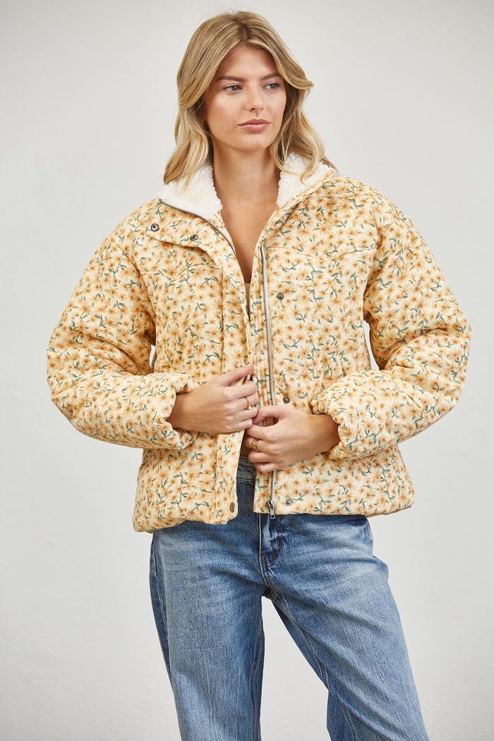 Floral Print Sherpa Collar Puffer Jacket