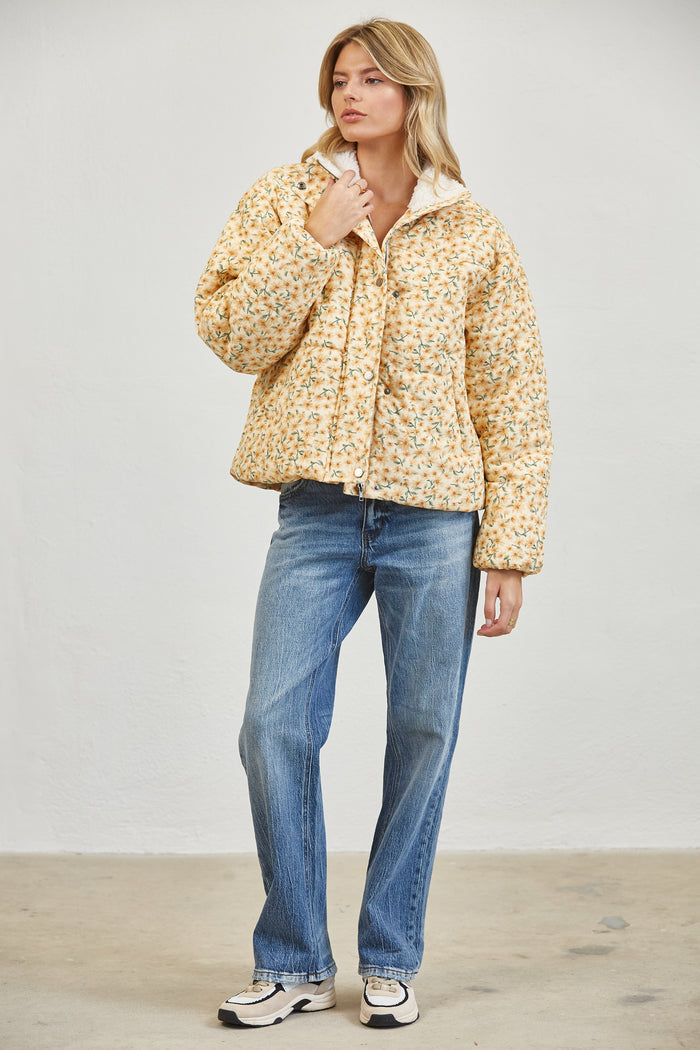 Floral Print Sherpa Collar Puffer Jacket