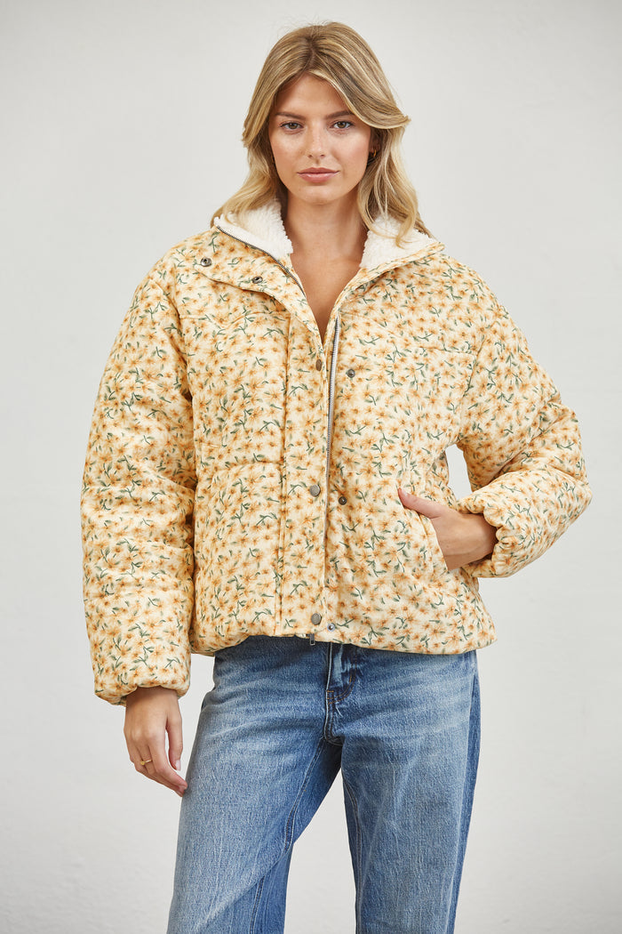 Floral Print Sherpa Collar Puffer Jacket