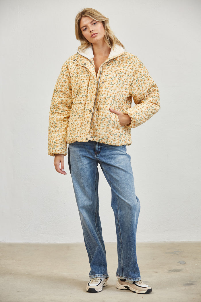 Floral Print Sherpa Collar Puffer Jacket