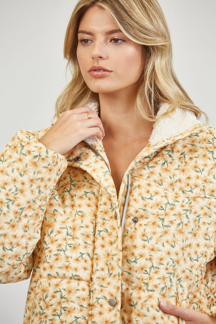 Floral Print Sherpa Collar Puffer Jacket