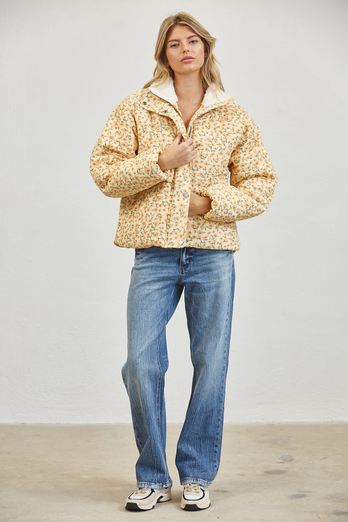 Floral Print Sherpa Collar Puffer Jacket