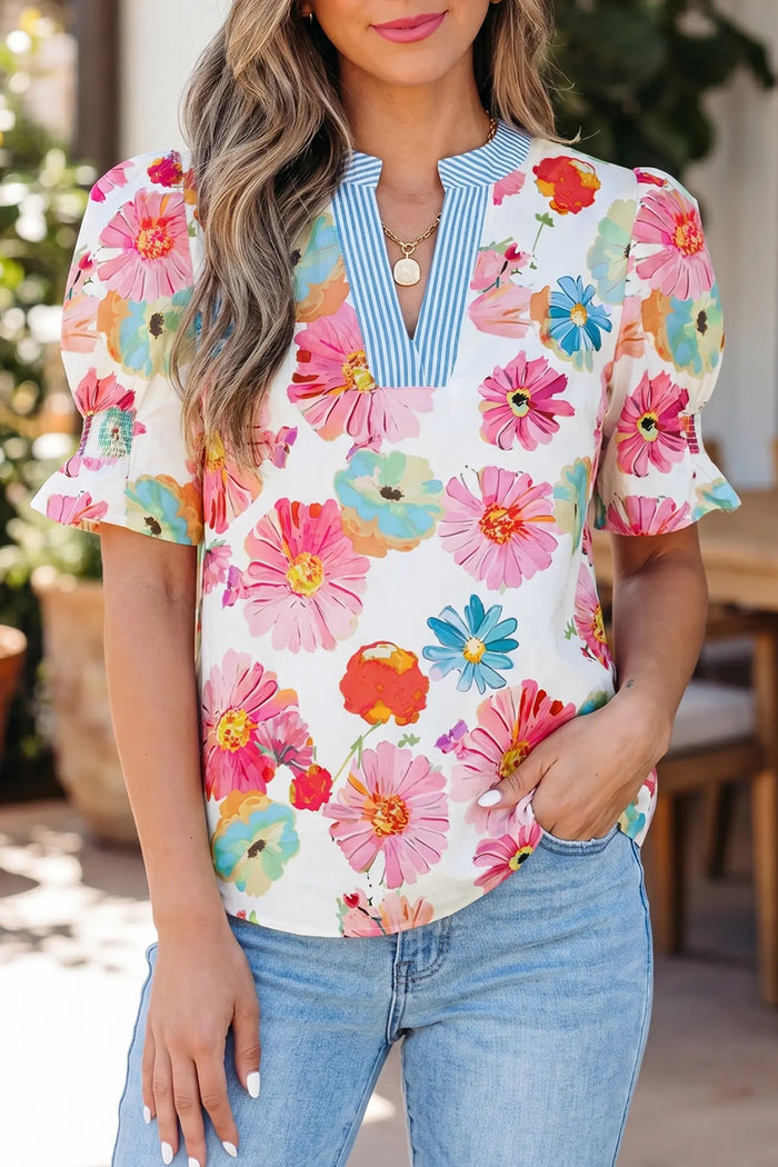 Floral Print Short Puff Sleeve Striped Trim V Neck Blouse – Beige