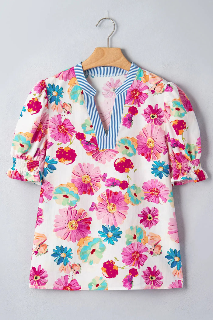 Floral Print Short Puff Sleeve Striped Trim V Neck Blouse – Beige