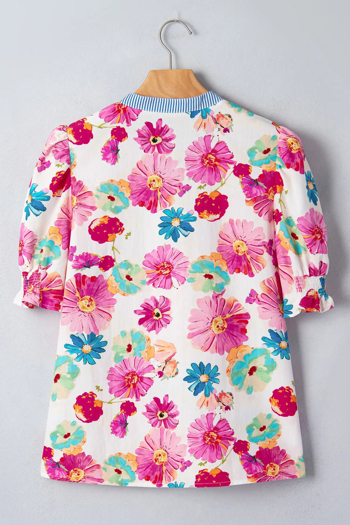 Floral Print Short Puff Sleeve Striped Trim V Neck Blouse – Beige