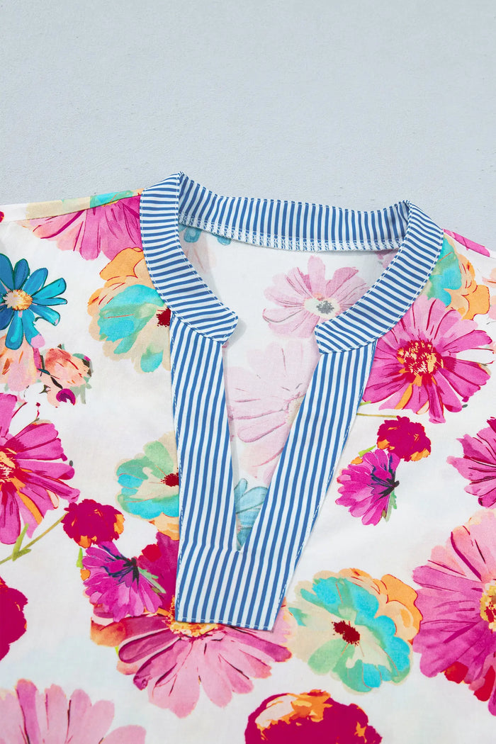 Floral Print Short Puff Sleeve Striped Trim V Neck Blouse – Beige