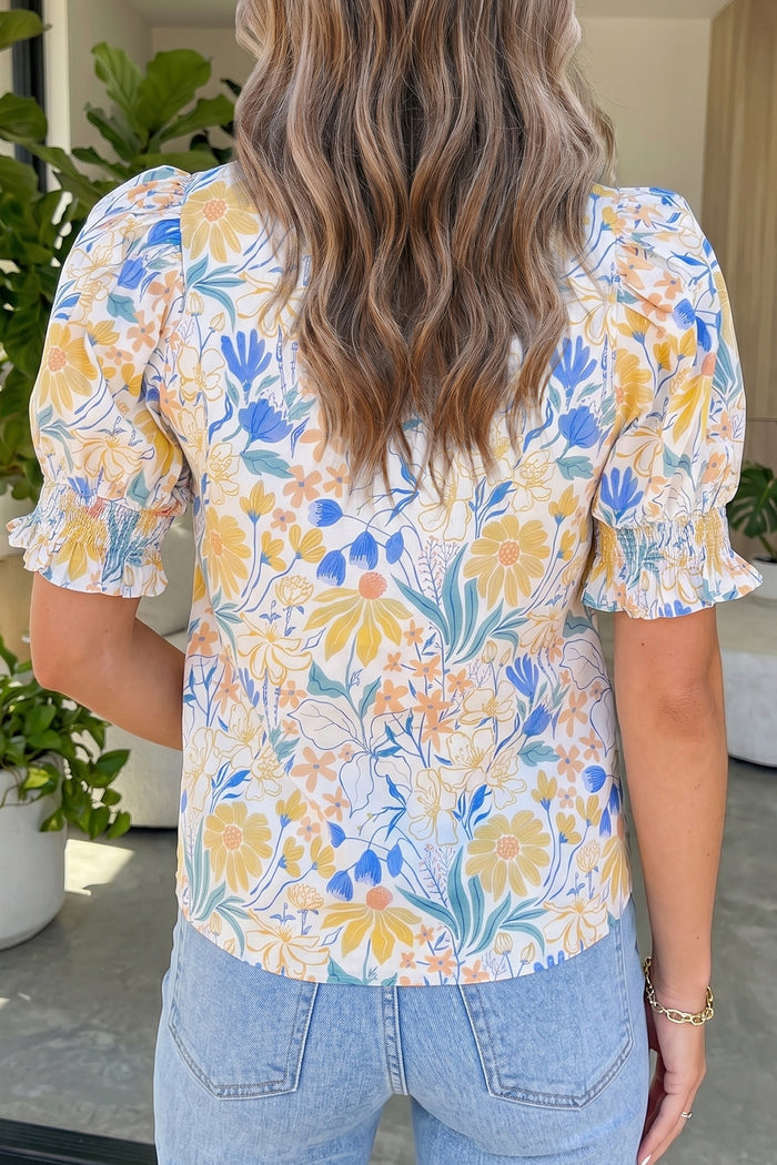Floral Print Striped Trim V Neck Puff Sleeve Blouse – Yellow