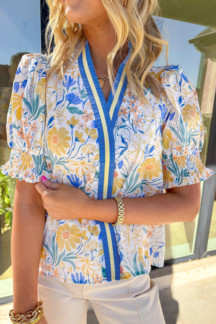 Floral Print Striped Trim V Neck Puff Sleeve Blouse – Yellow