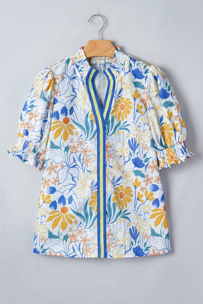 Floral Print Striped Trim V Neck Puff Sleeve Blouse – Yellow