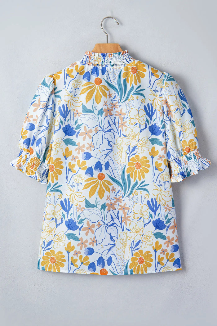 Floral Print Striped Trim V Neck Puff Sleeve Blouse – Yellow