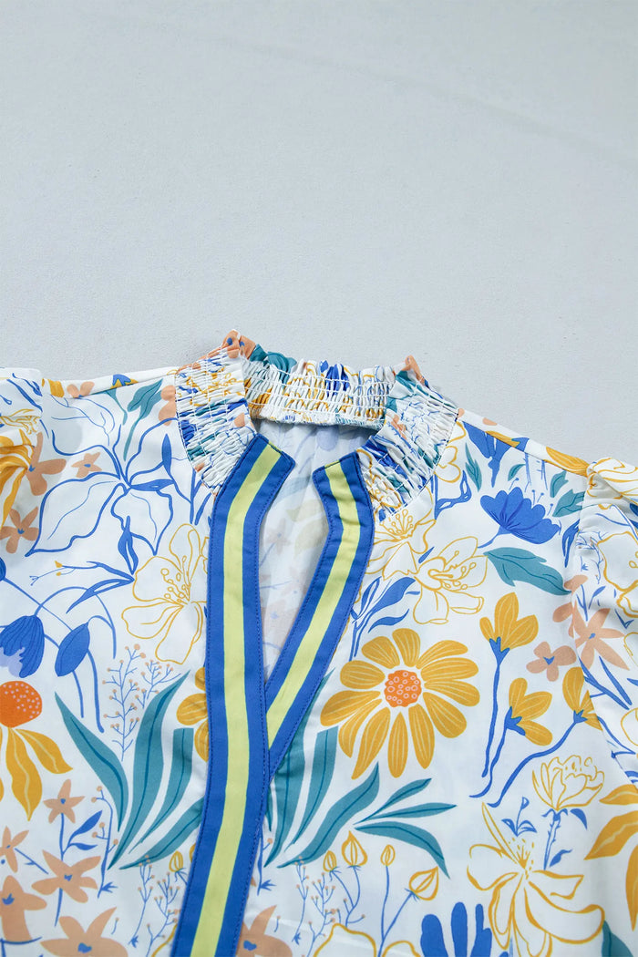Floral Print Striped Trim V Neck Puff Sleeve Blouse – Yellow