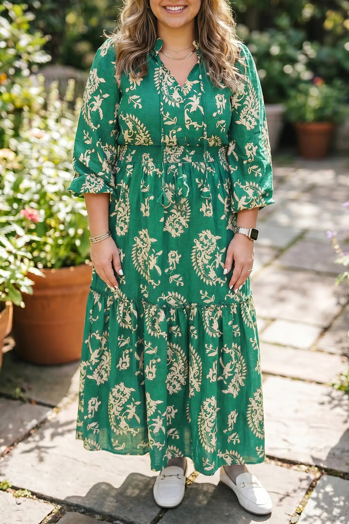 Floral Print V Neck Shift Dress Plus Size Dress – Green