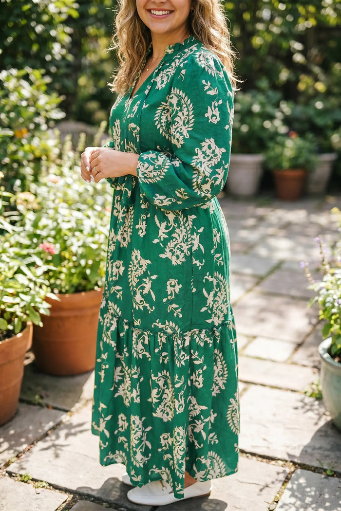 Floral Print V Neck Shift Dress Plus Size Dress – Green