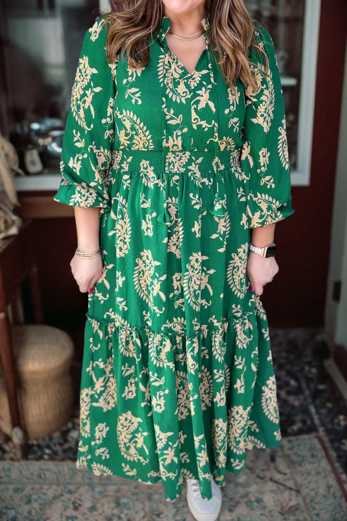 Floral Print V Neck Shift Dress Plus Size Dress – Green