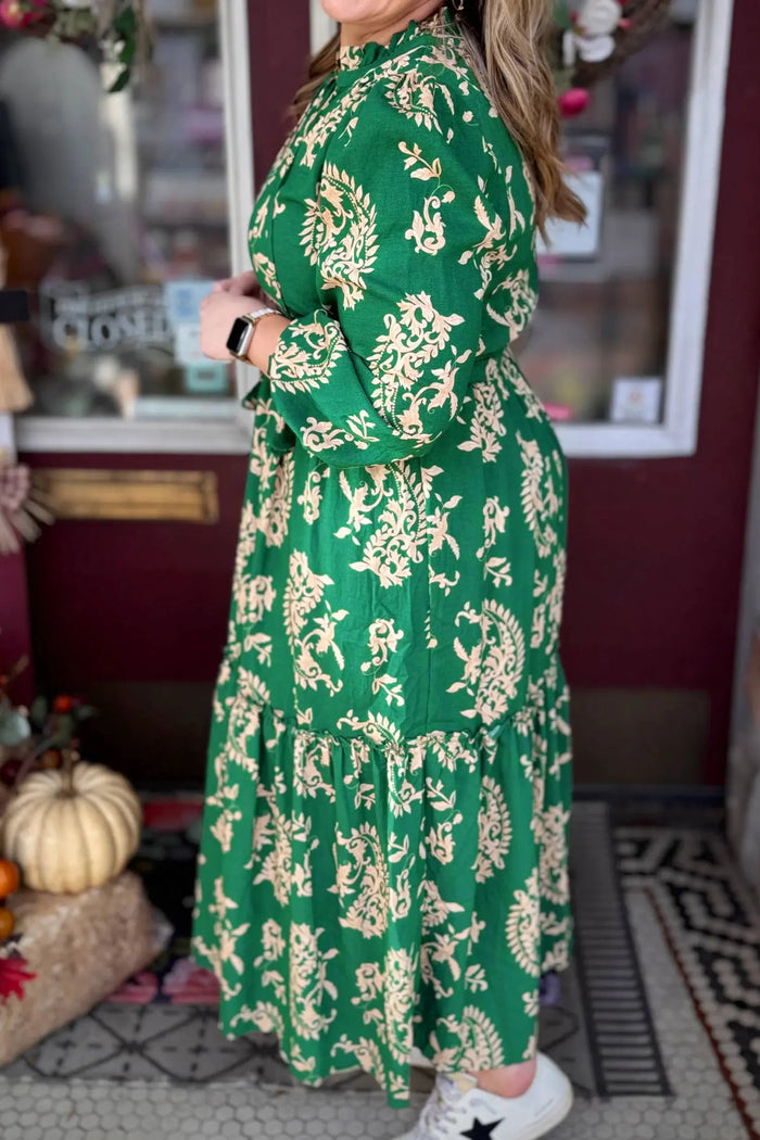 Floral Print V Neck Shift Dress Plus Size Dress – Green