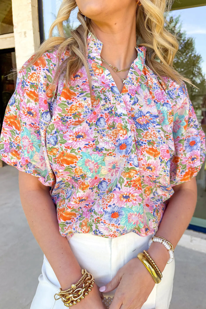 Floral Print V Neck Short Sleeve Shift Blouse – Pink