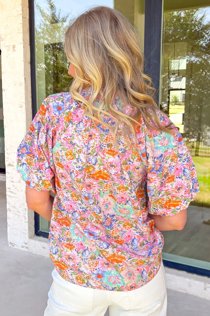 Floral Print V Neck Short Sleeve Shift Blouse – Pink