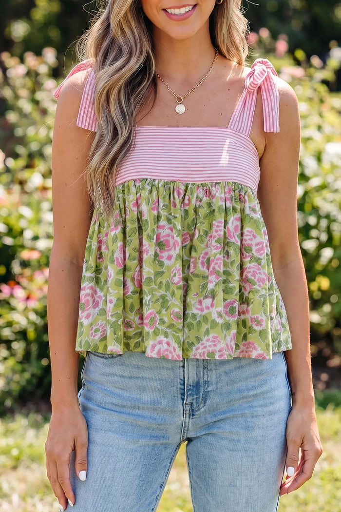 Floral Printed Knot Straps Babydoll Tank Top – Green