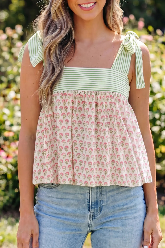 Floral Printed Knot Straps Babydoll Tank Top – Green