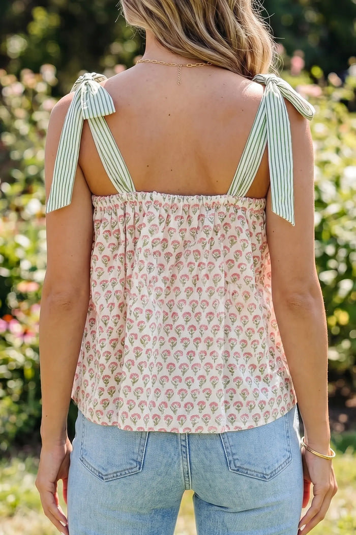 Floral Printed Knot Straps Babydoll Tank Top – Green