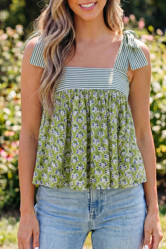 Floral Printed Knot Straps Babydoll Tank Top – Green