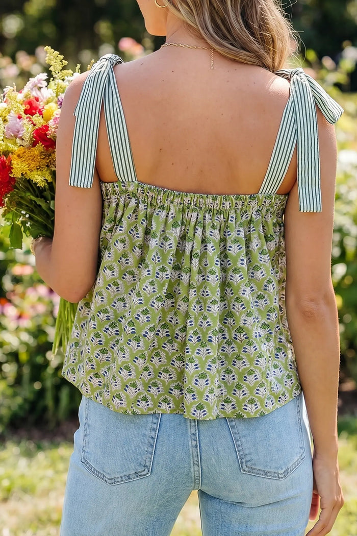 Floral Printed Knot Straps Babydoll Tank Top – Green
