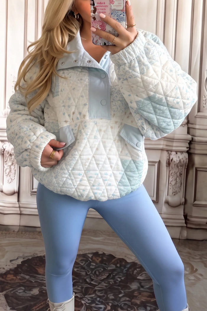 Floral Quilted Half Button Pocketed Pullover Sweatshirt – Multicolour