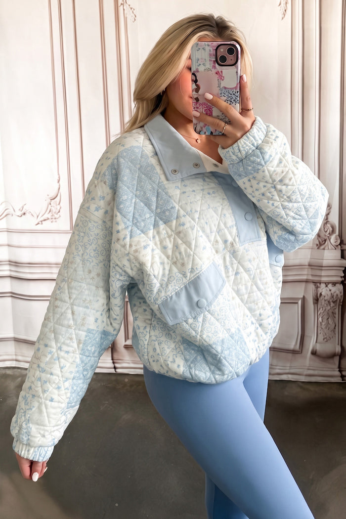 Floral Quilted Half Button Pocketed Pullover Sweatshirt – Multicolour