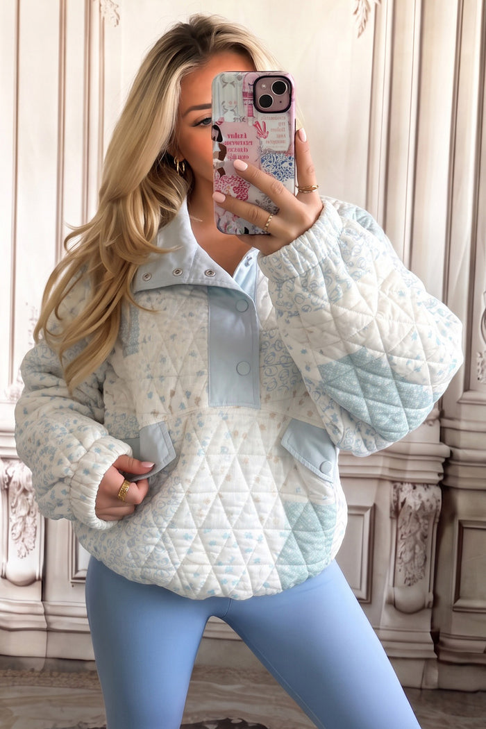 Floral Quilted Half Button Pocketed Pullover Sweatshirt – Multicolour