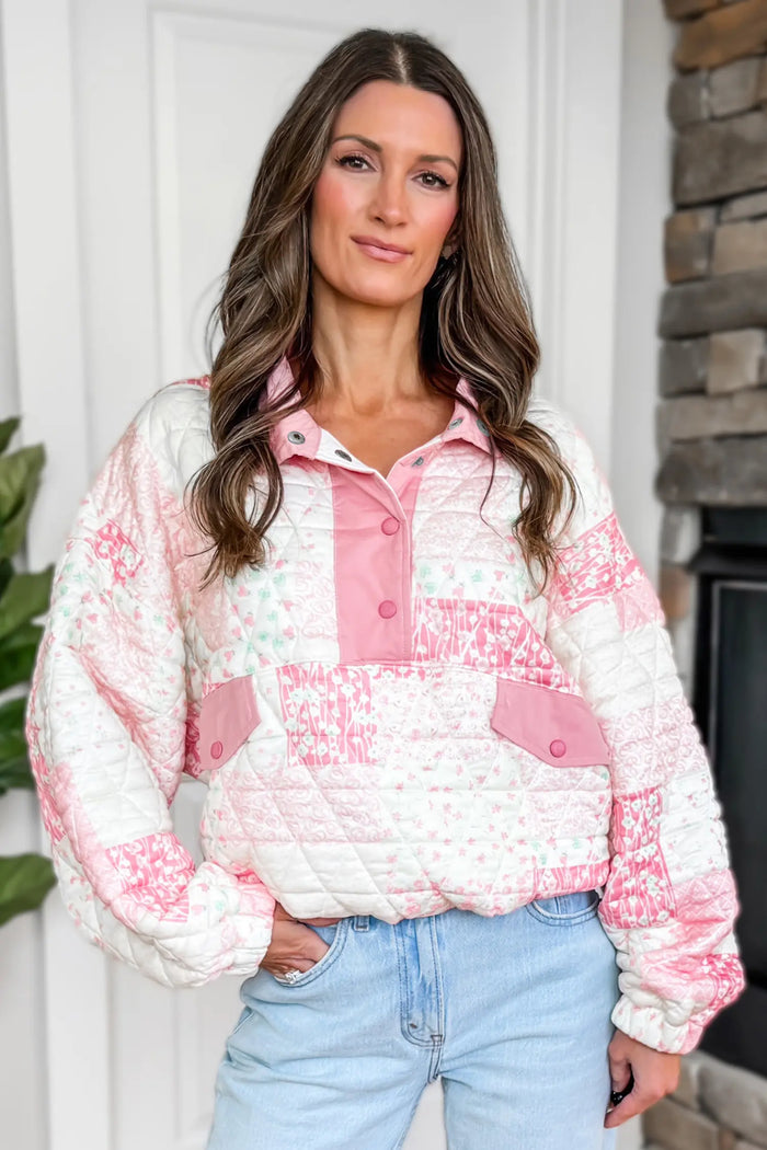 Floral Quilted Half Button Pocketed Pullover Sweatshirt – Multicolour