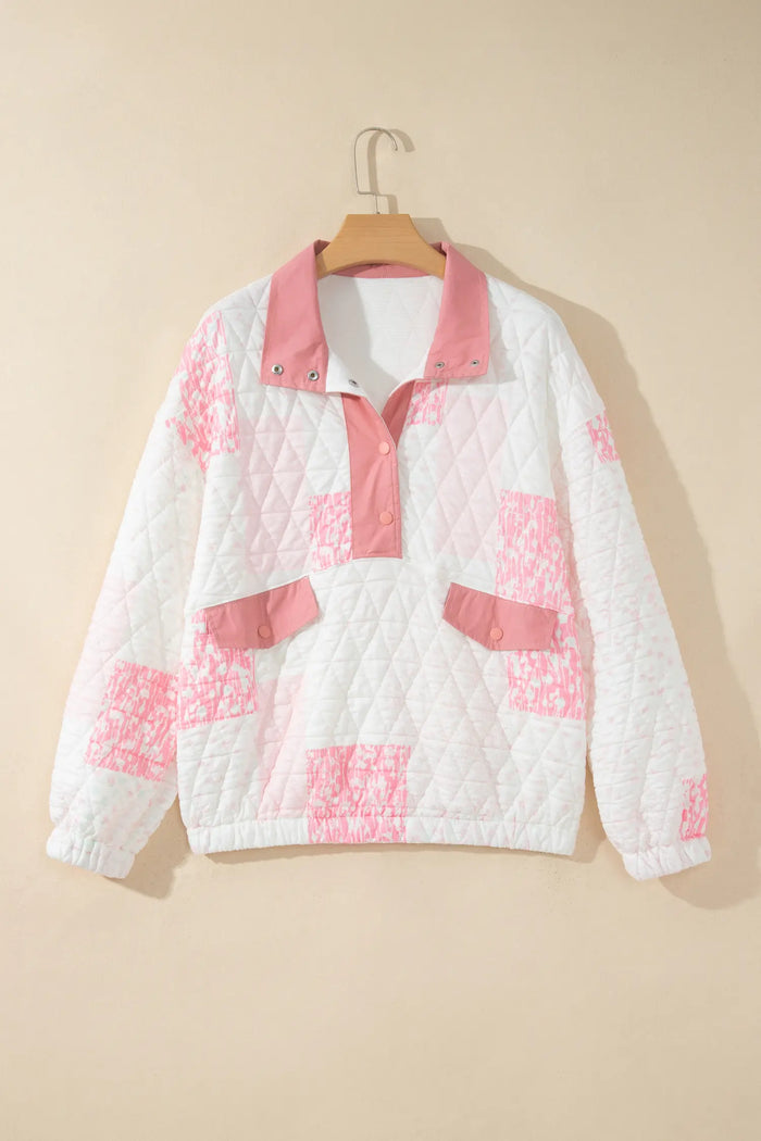 Floral Quilted Half Button Pocketed Pullover Sweatshirt – Multicolour