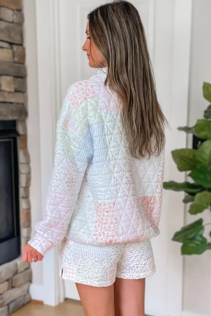 Floral Quilted Mock Neck Top and Short Set – Multicolour