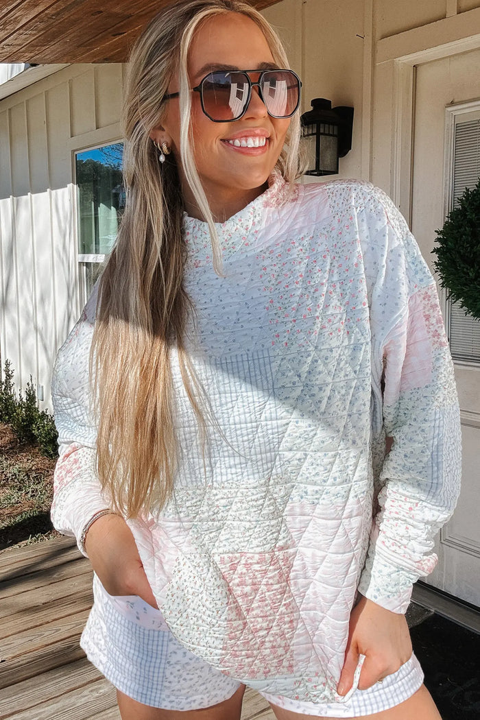 Floral Quilted Mock Neck Top and Short Set – Multicolour