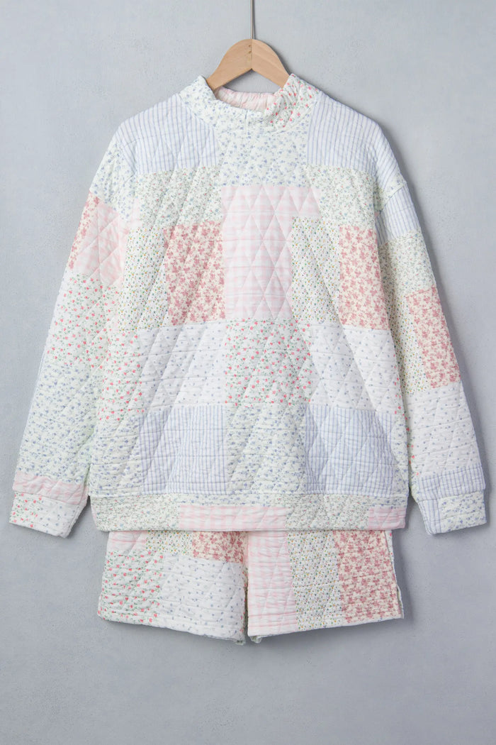 Floral Quilted Mock Neck Top and Short Set – Multicolour